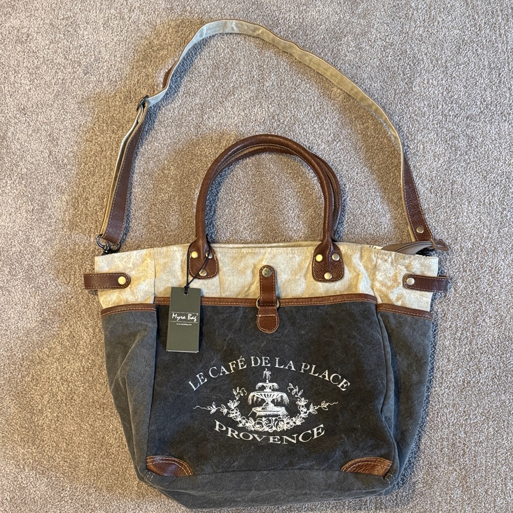 NWT Le Café de la Place Provence Gray and Brown carry all/satchel bag